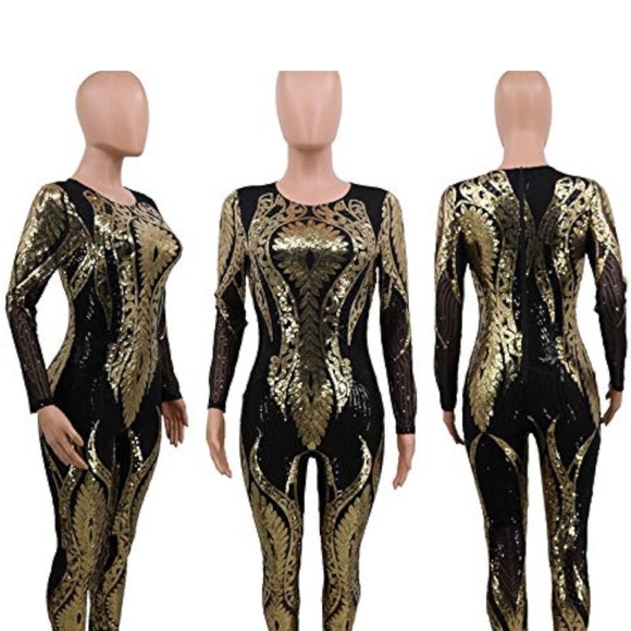 New Women Sequins and mesh Bodycon Long Jumpsuit - Picture 3 of 3